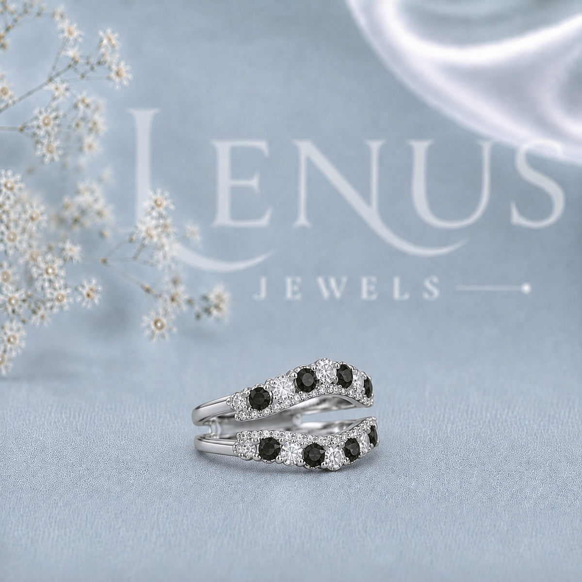 Black and White Moissanite Ring Guard – Double Curved Enhancer Band in 925 Sterling Silver