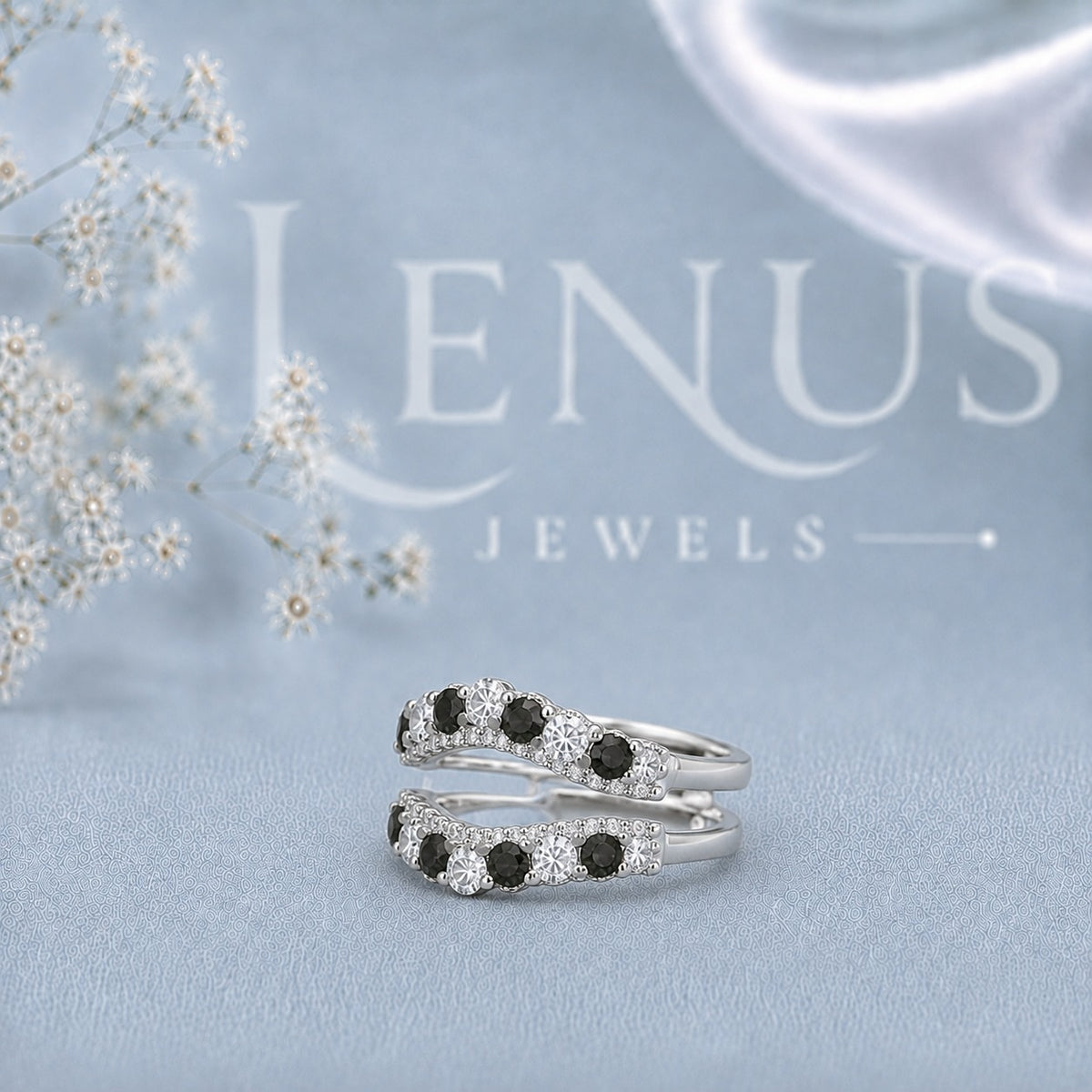 Black and White Moissanite Ring Guard – Double Curved Enhancer Band in 925 Sterling Silver