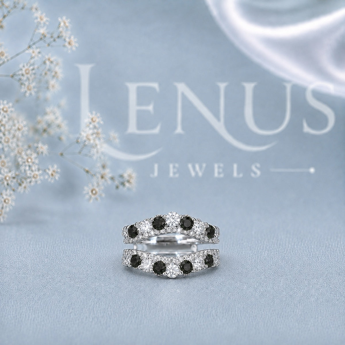 Black and White Moissanite Ring Guard – Double Curved Enhancer Band in 925 Sterling Silver