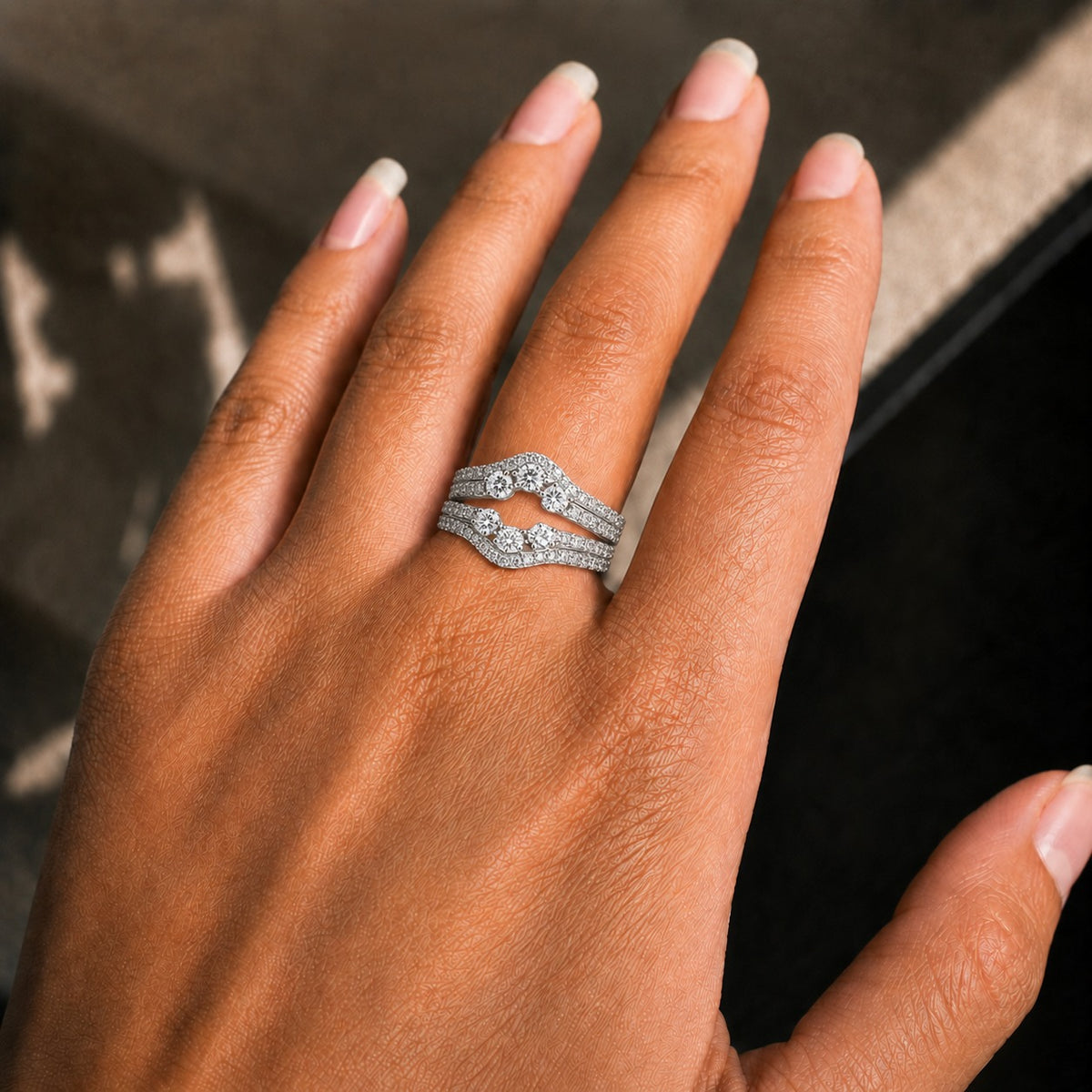 Moissanite Ring Enhancer Guard Set – Two-Piece Curved Pavé Wedding Bands in 925 Sterling Silver