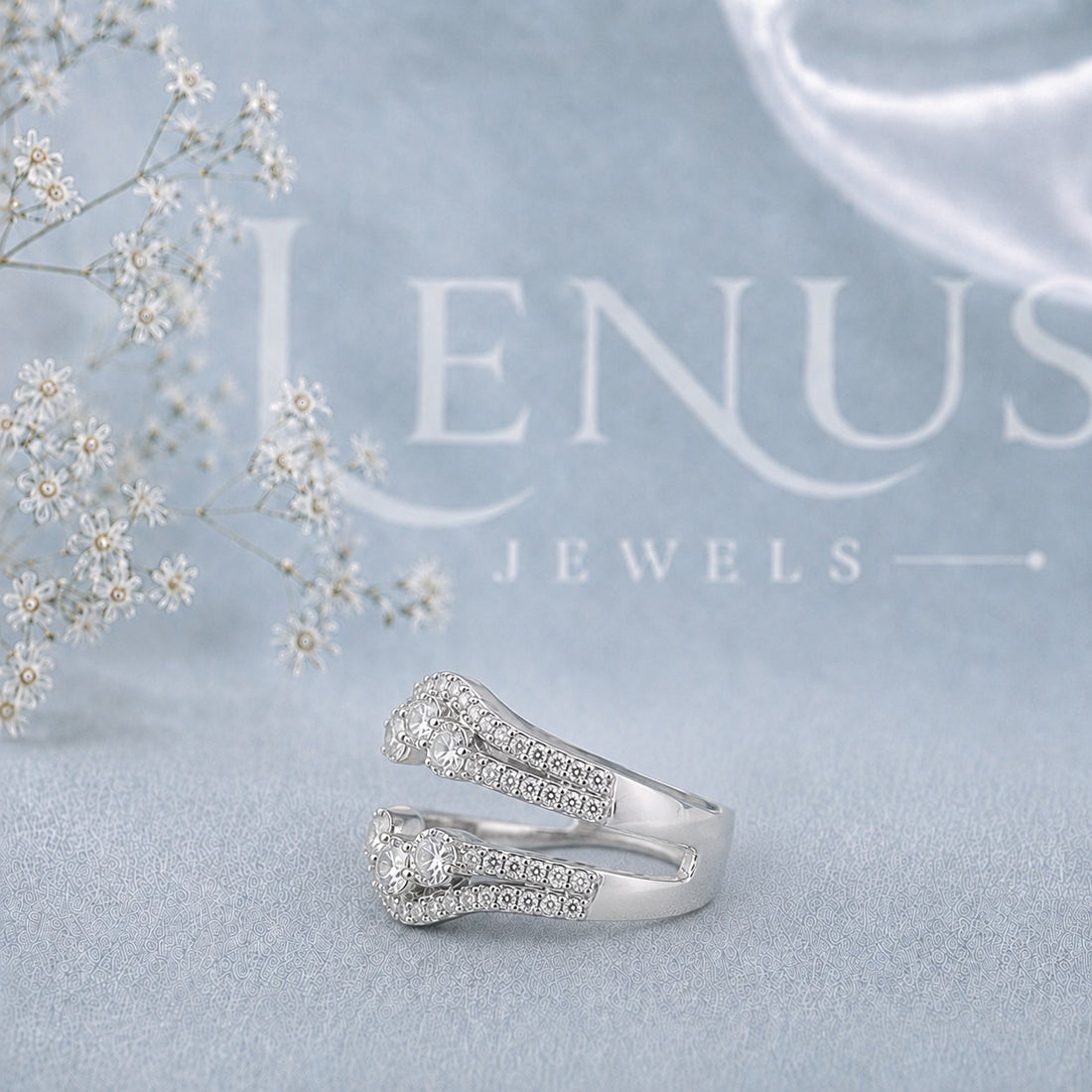Moissanite Ring Enhancer Guard Set – Two-Piece Curved Pavé Wedding Bands in 925 Sterling Silver
