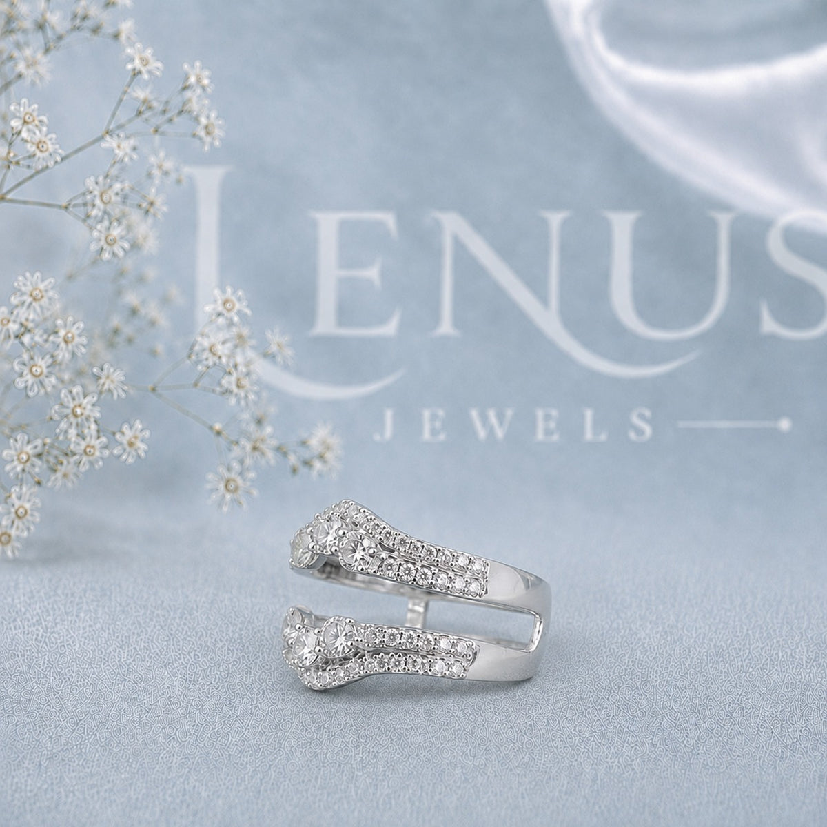 Moissanite Ring Enhancer Guard Set – Two-Piece Curved Pavé Wedding Bands in 925 Sterling Silver