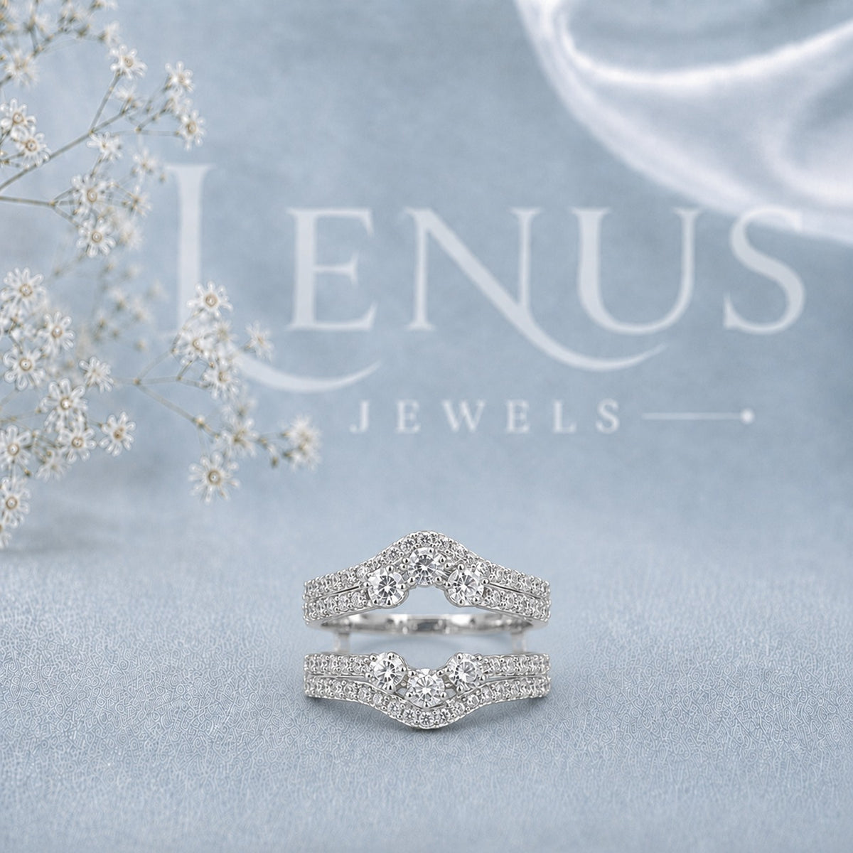Moissanite Ring Enhancer Guard Set – Two-Piece Curved Pavé Wedding Bands in 925 Sterling Silver