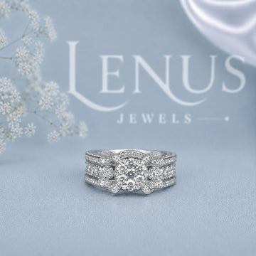 Round Brilliant Moissanite 3-Row Engagement Ring – Wide Vintage Bridal Set Style