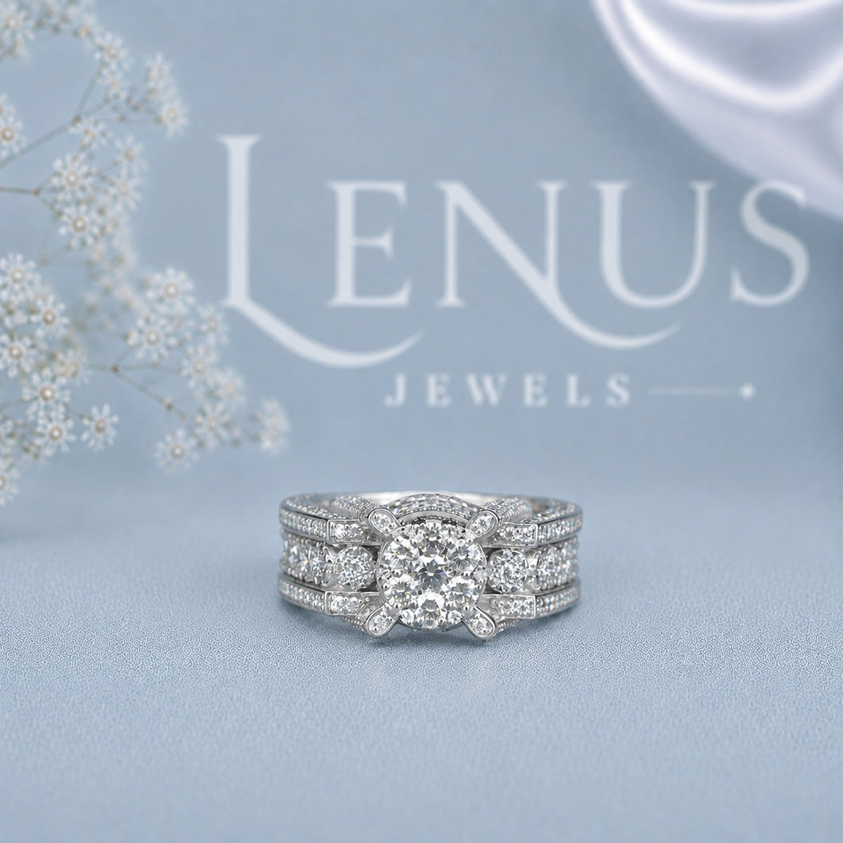 Round Brilliant Moissanite 3-Row Engagement Ring – Wide Vintage Bridal Set Style