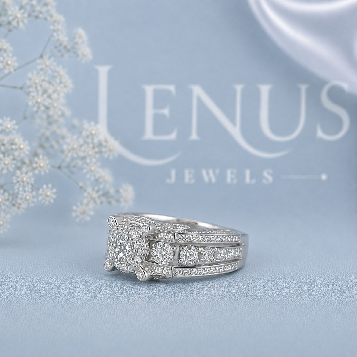 Round Brilliant Moissanite 3-Row Engagement Ring – Wide Vintage Bridal Set Style