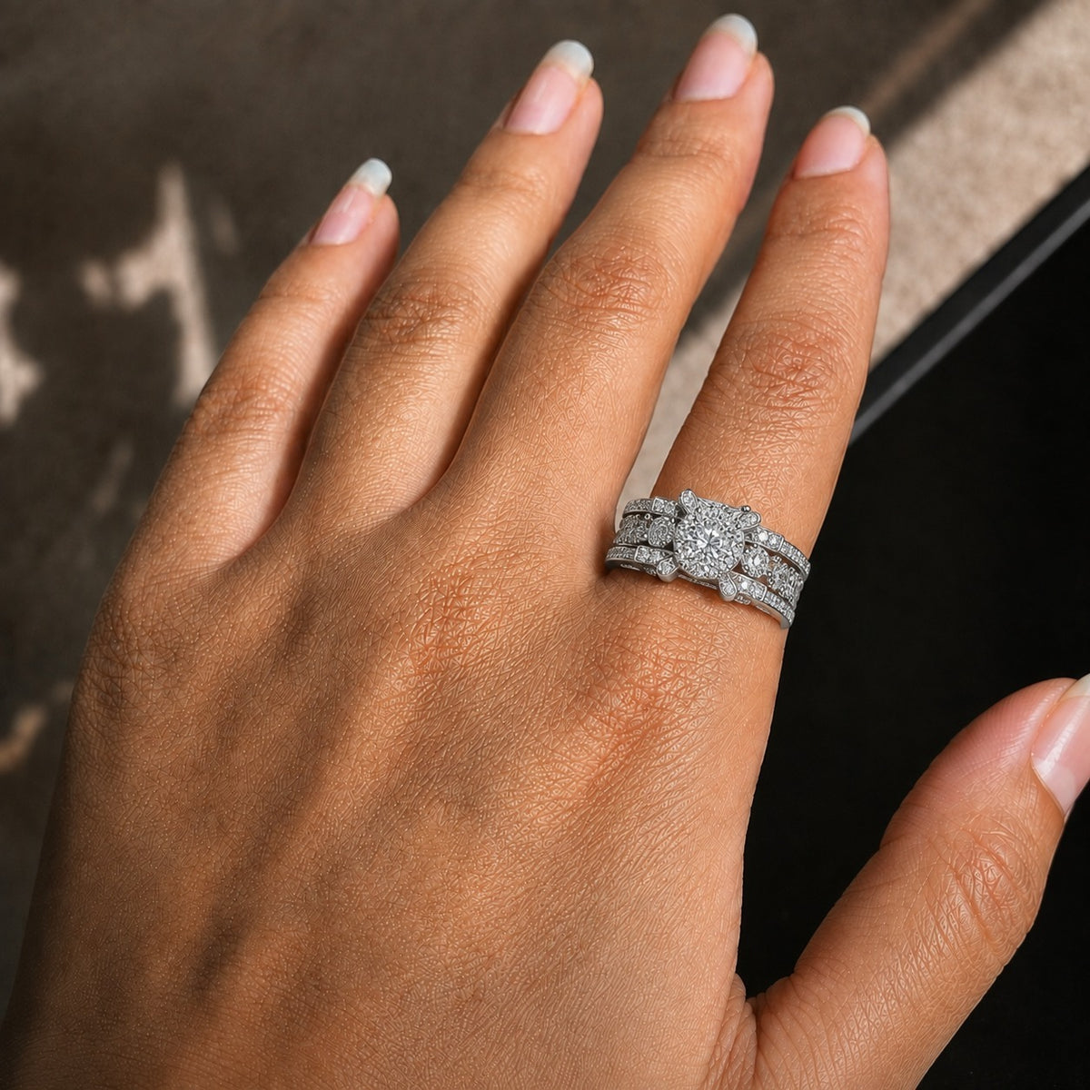 Round Brilliant Moissanite 3-Row Engagement Ring – Wide Vintage Bridal Set Style