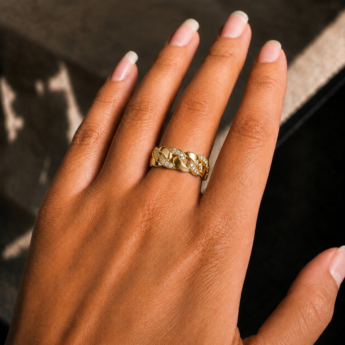 Moissanite Cuban Link Ring – Gold Finish Pavé Curb Chain Band
