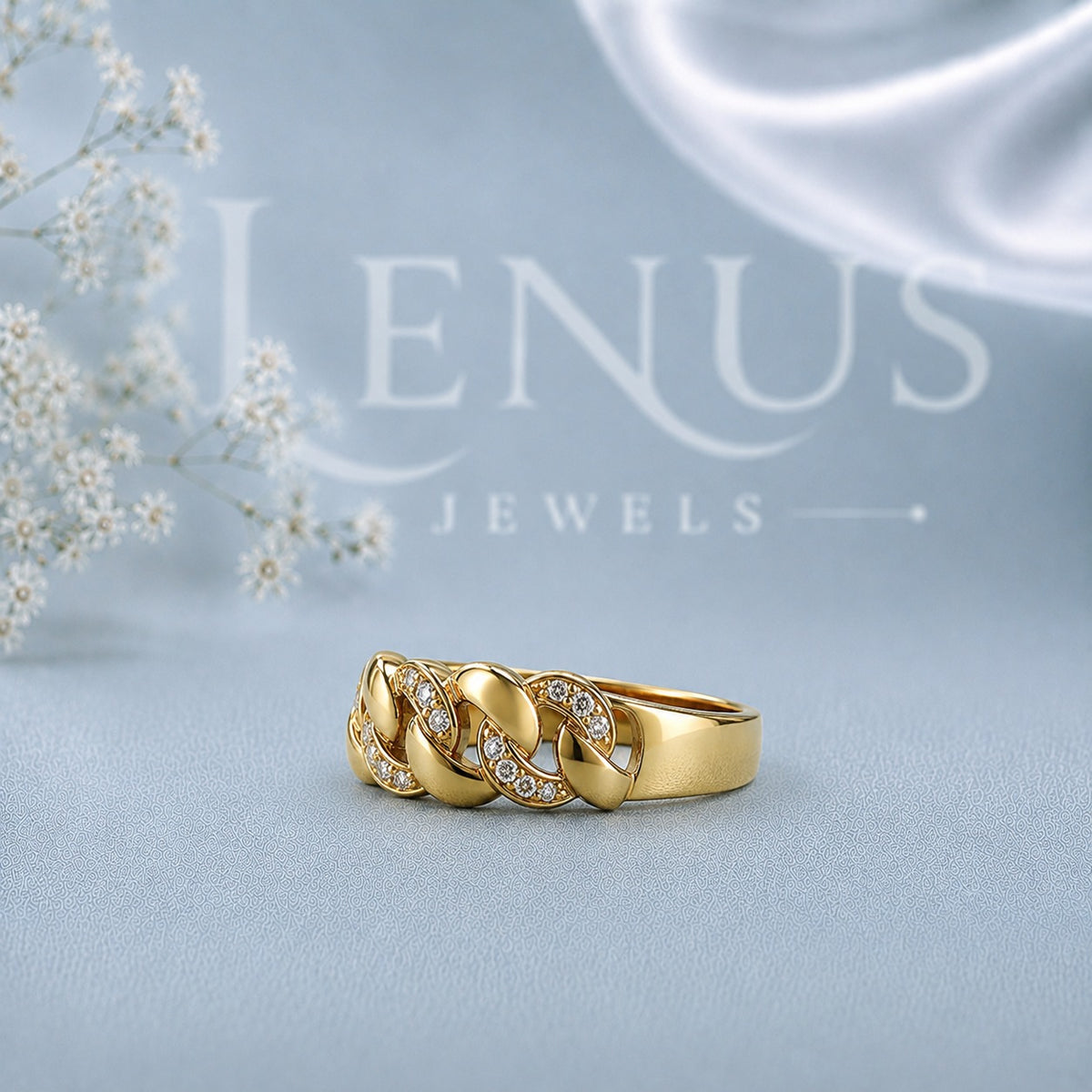 Moissanite Cuban Link Ring – Gold Finish Pavé Curb Chain Band