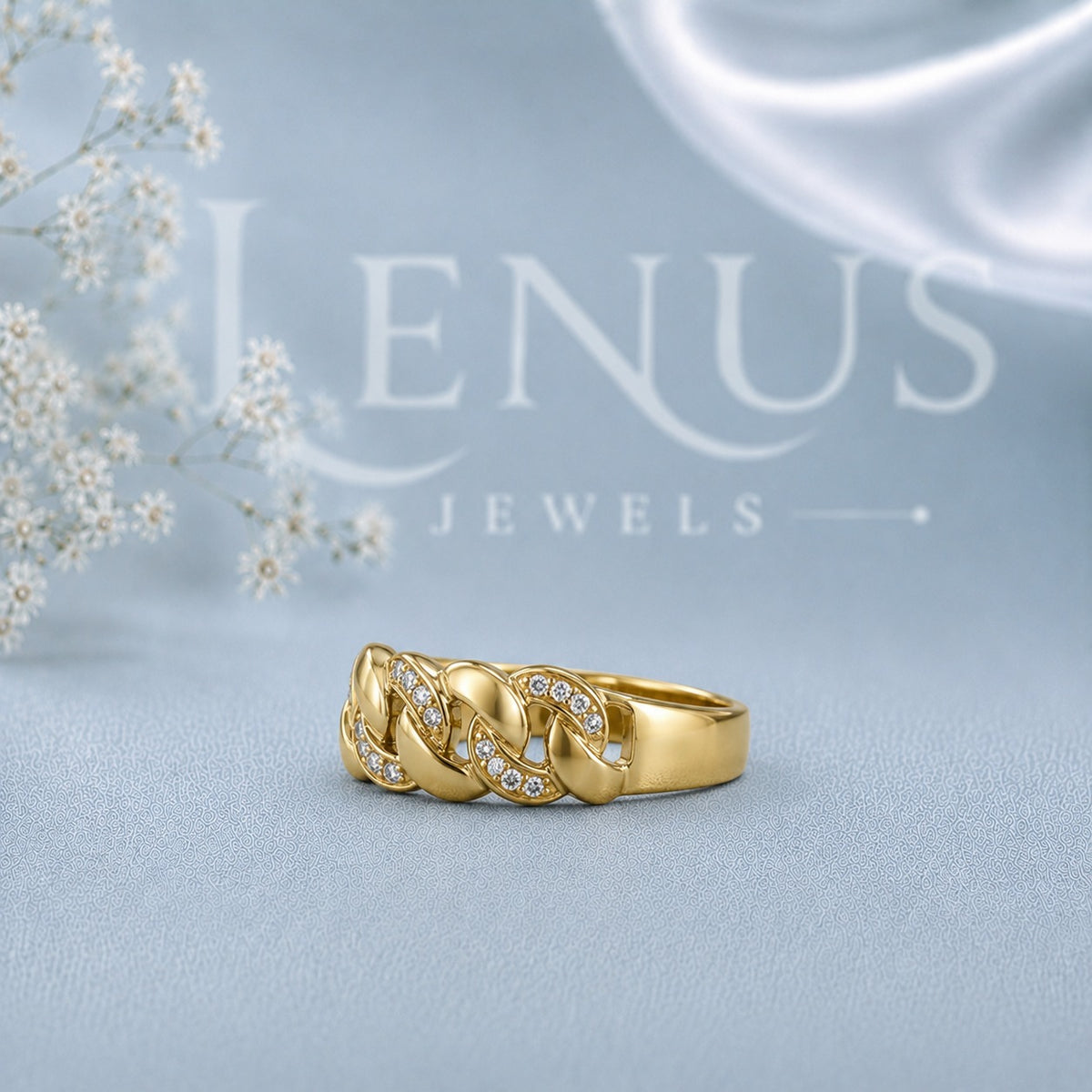 Moissanite Cuban Link Ring – Gold Finish Pavé Curb Chain Band