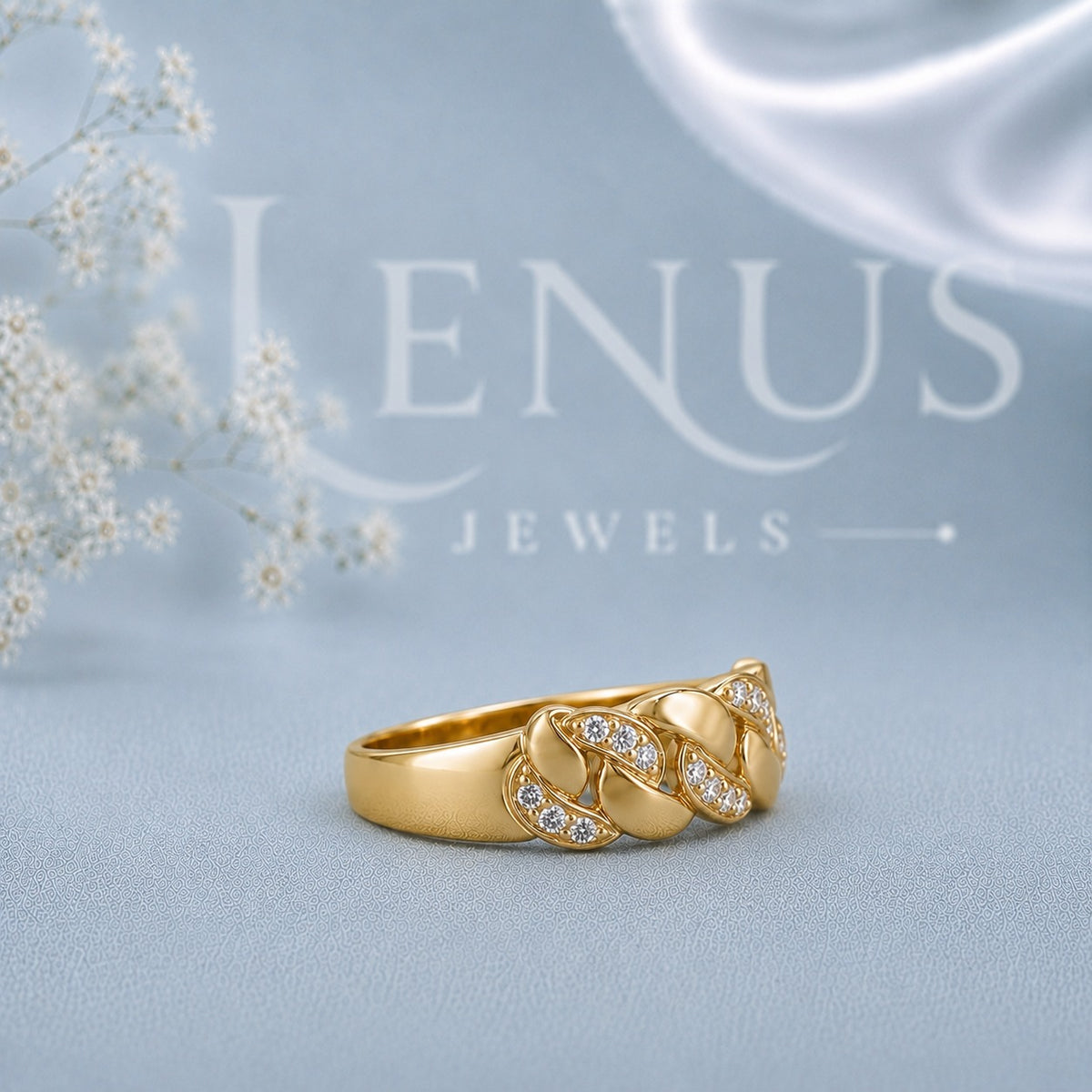 Moissanite Cuban Link Ring – Gold Finish Pavé Curb Chain Band