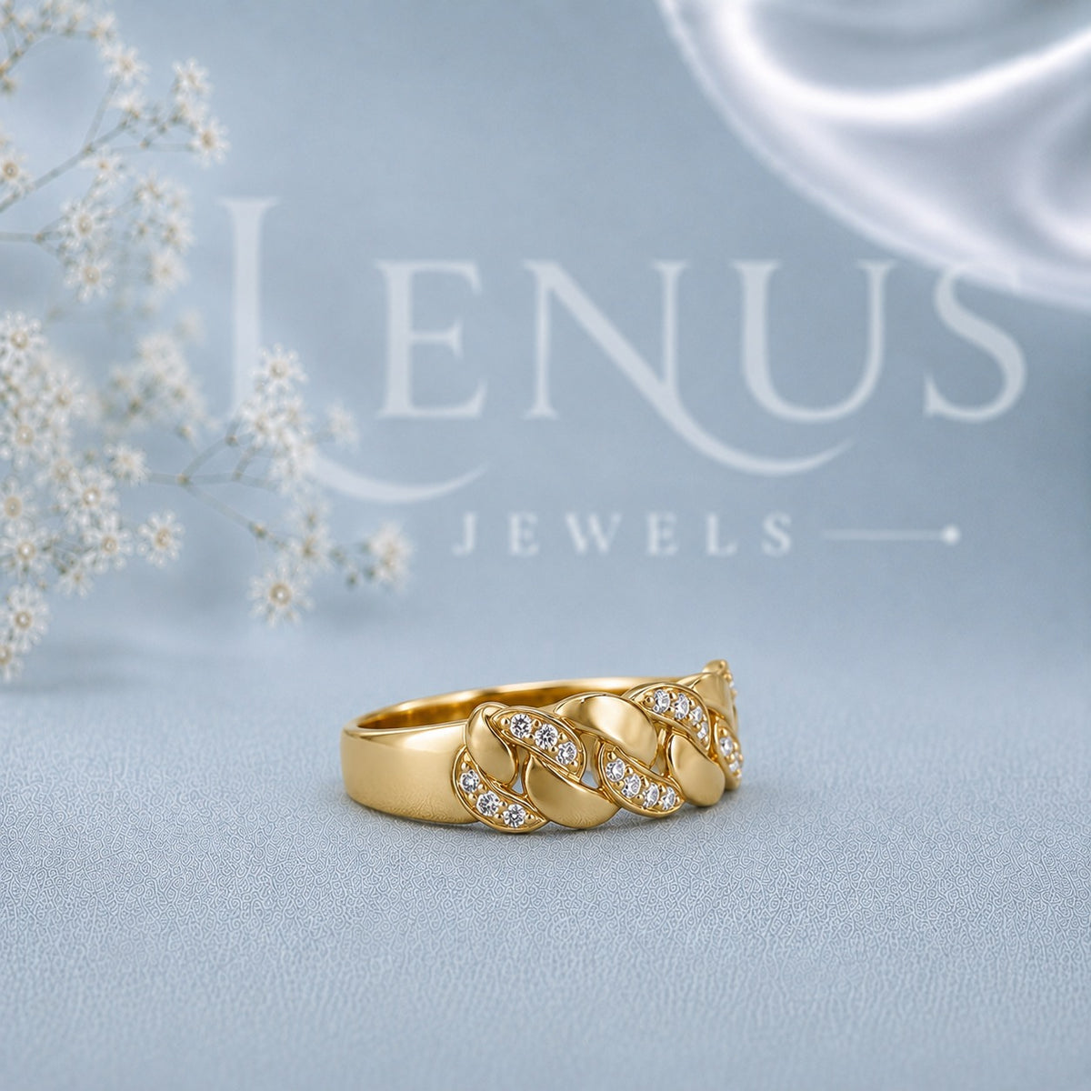 Moissanite Cuban Link Ring – Gold Finish Pavé Curb Chain Band