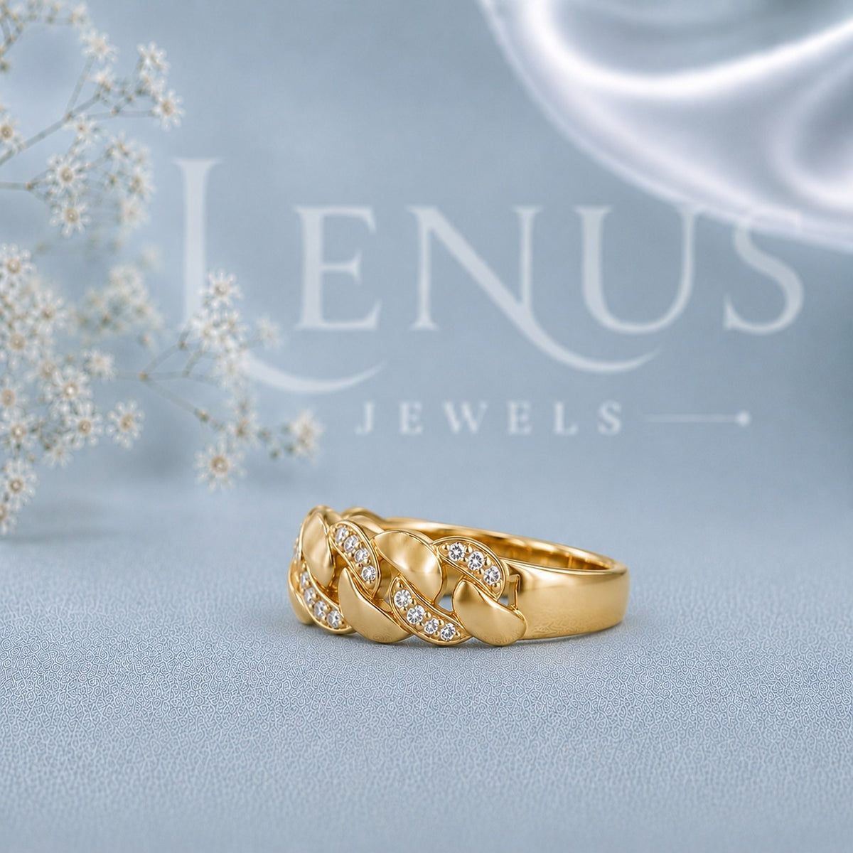 Moissanite Cuban Link Ring – Gold Finish Pavé Curb Chain Band