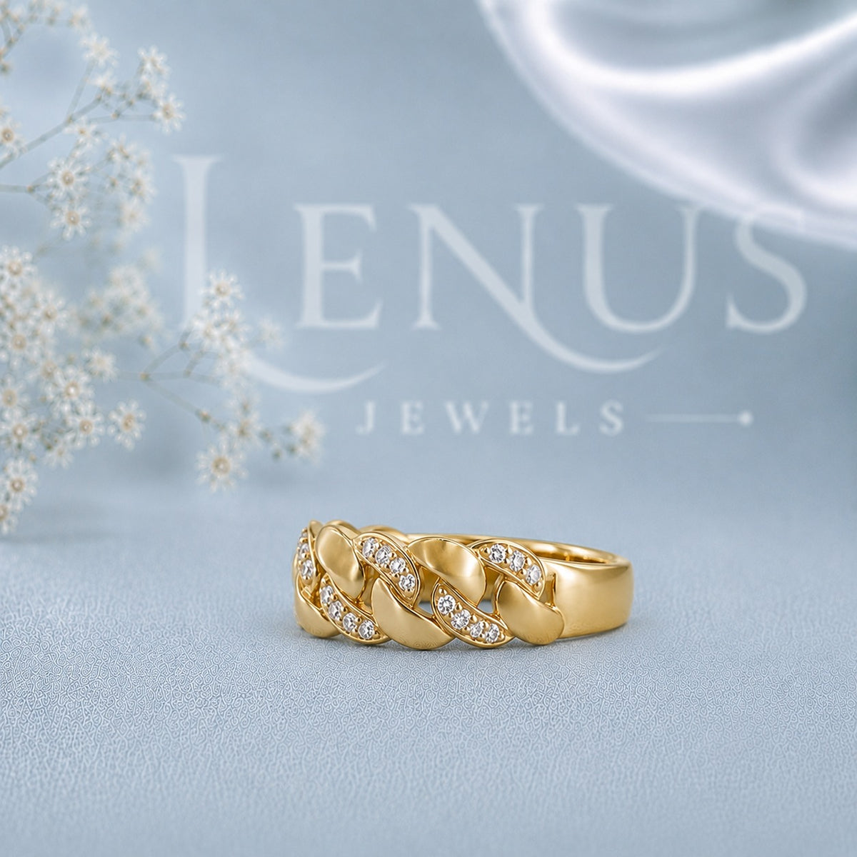 Moissanite Cuban Link Ring – Gold Finish Pavé Curb Chain Band