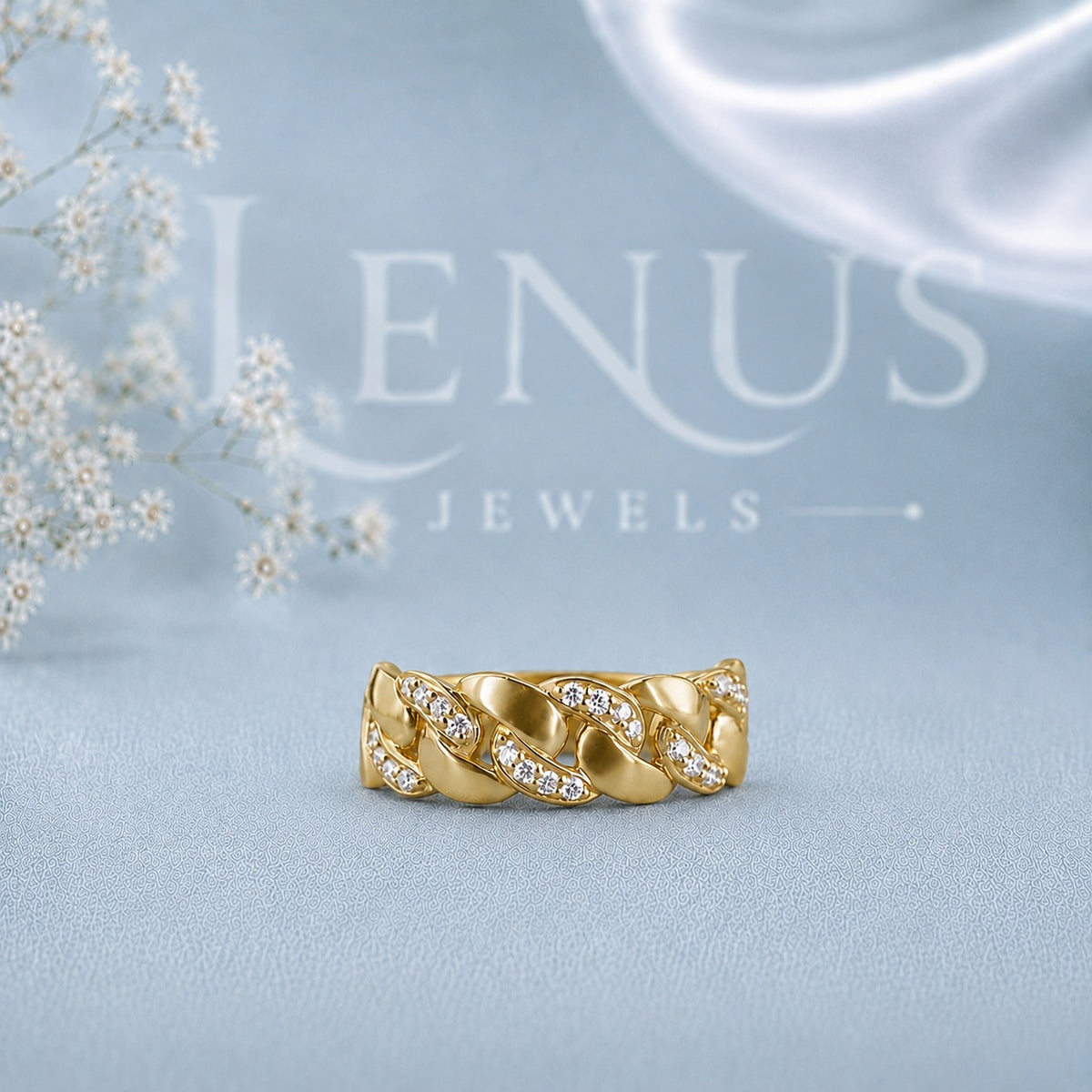 Moissanite Cuban Link Ring – Gold Finish Pavé Curb Chain Band