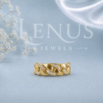 Moissanite Cuban Link Ring – Gold Finish Pavé Curb Chain Band