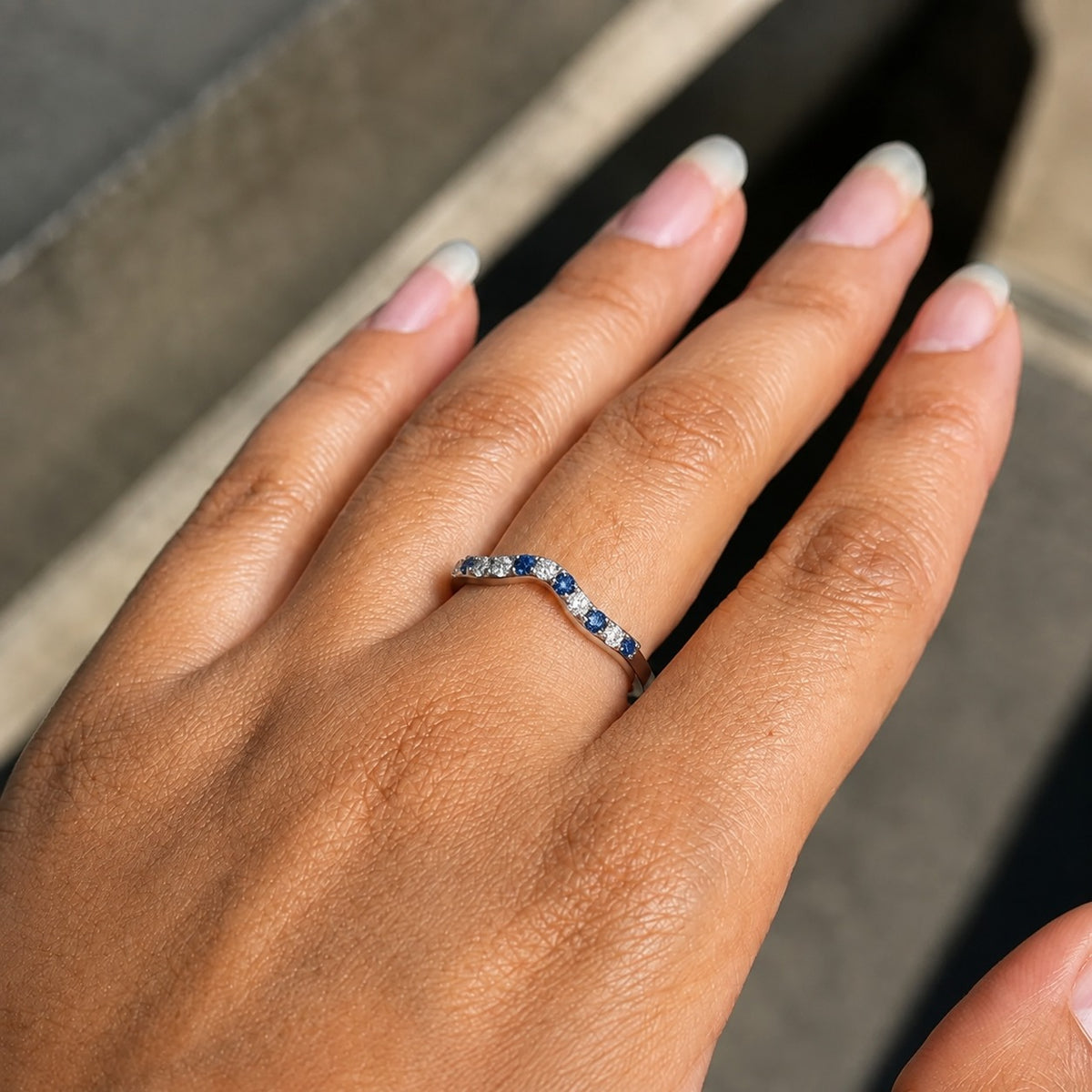Blue and White Moissanite Curved Wedding Band – Contour Ring in 925 Sterling Silver
