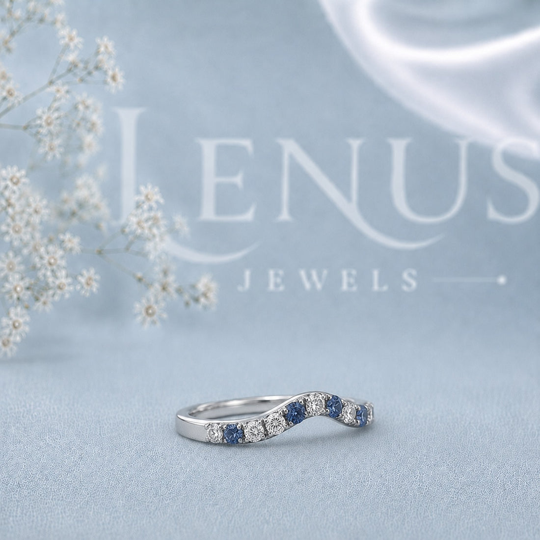 Blue and White Moissanite Curved Wedding Band – Contour Ring in 925 Sterling Silver