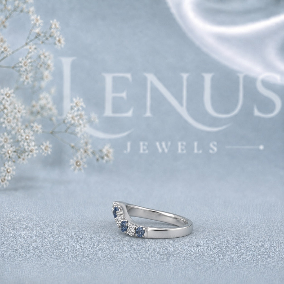 Blue and White Moissanite Curved Wedding Band – Contour Ring in 925 Sterling Silver
