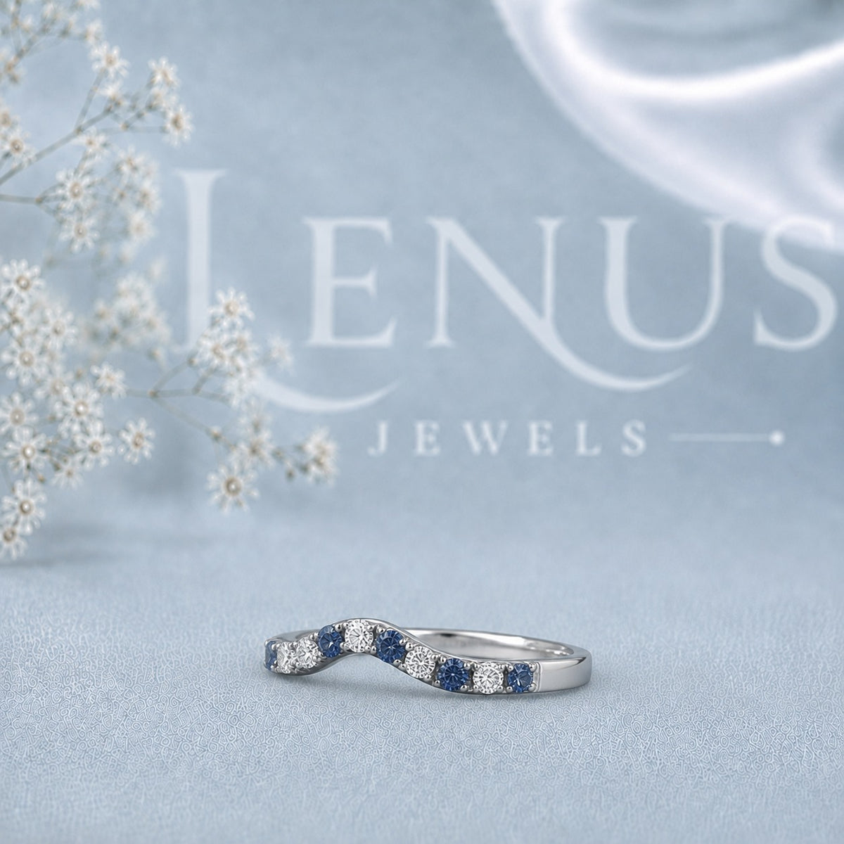 Blue and White Moissanite Curved Wedding Band – Contour Ring in 925 Sterling Silver