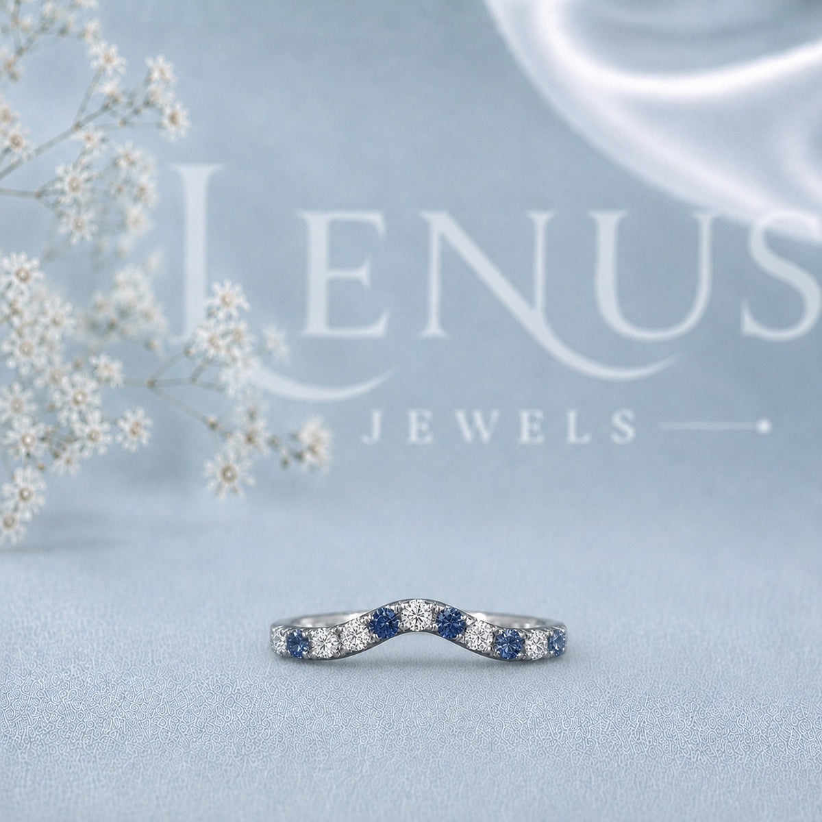 Blue and White Moissanite Curved Wedding Band – Contour Ring in 925 Sterling Silver