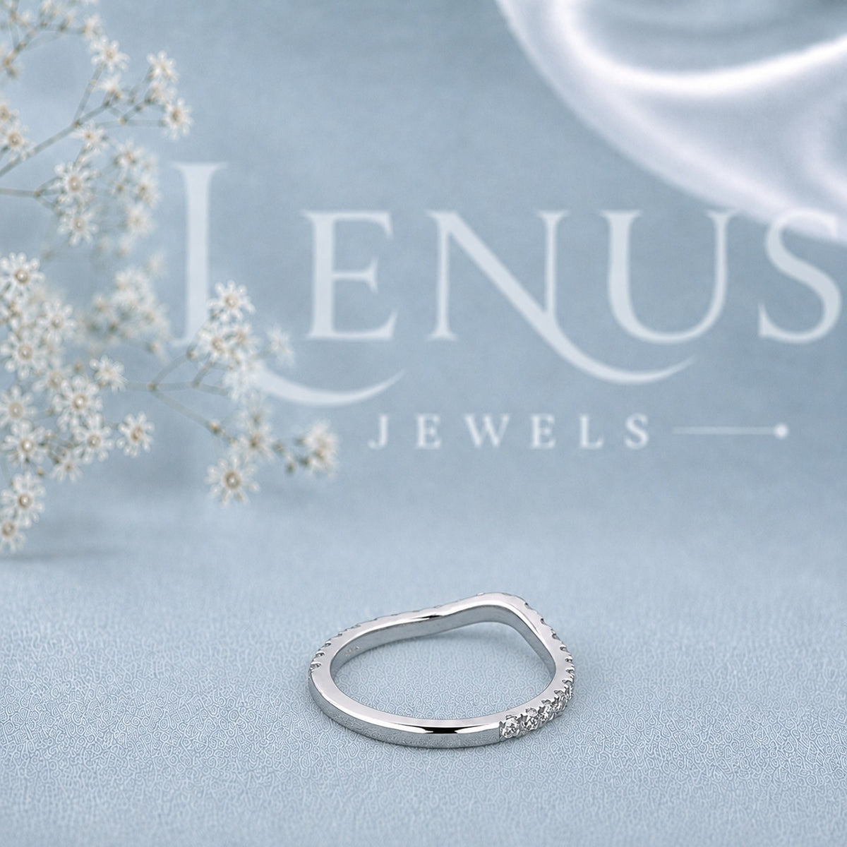 Blue and White Moissanite Curved Wedding Band – Contour Ring in 925 Sterling Silver