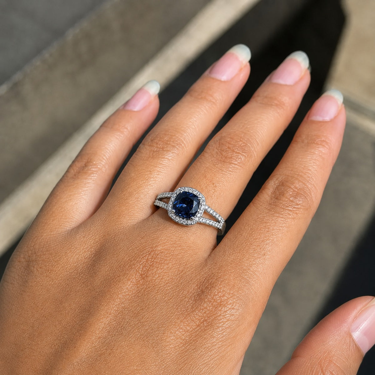 Blue Cushion-Cut Moissanite Engagement Ring – Halo Split-Shank Pavé Ring in 925 Sterling Silver