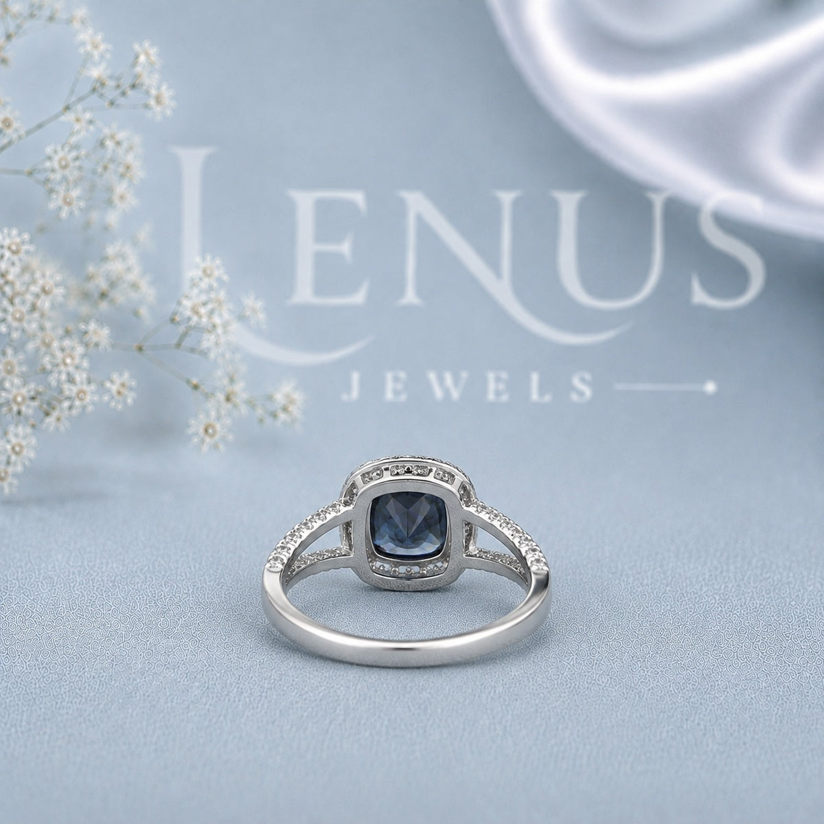 Blue Cushion-Cut Moissanite Engagement Ring – Halo Split-Shank Pavé Ring in 925 Sterling Silver