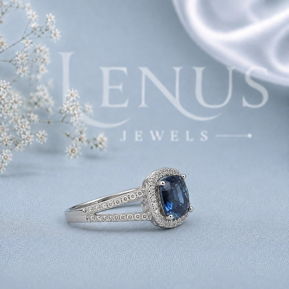 Blue Cushion-Cut Moissanite Engagement Ring – Halo Split-Shank Pavé Ring in 925 Sterling Silver