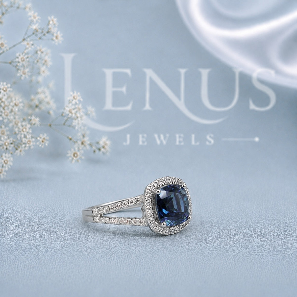 Blue Cushion-Cut Moissanite Engagement Ring – Halo Split-Shank Pavé Ring in 925 Sterling Silver