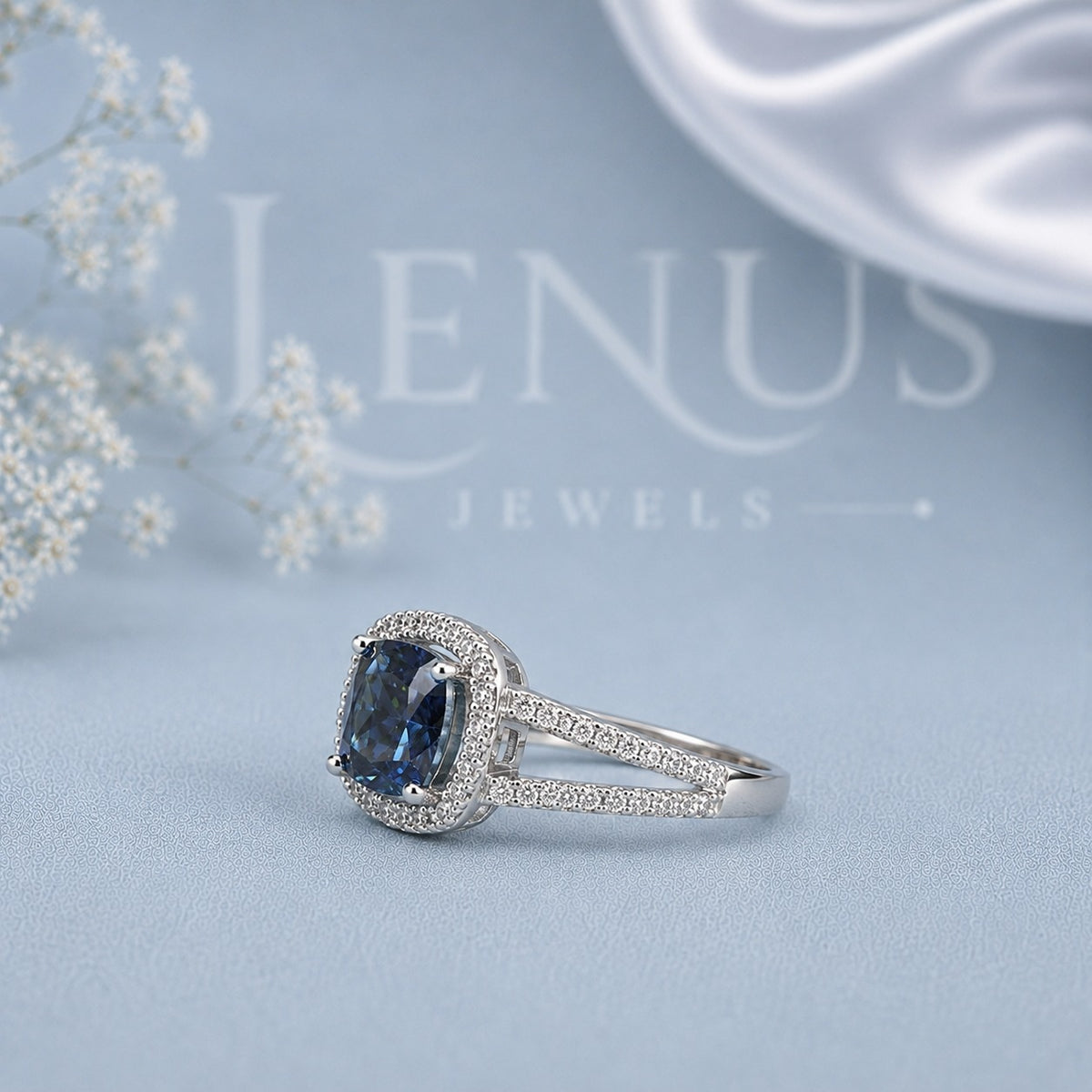 Blue Cushion-Cut Moissanite Engagement Ring – Halo Split-Shank Pavé Ring in 925 Sterling Silver