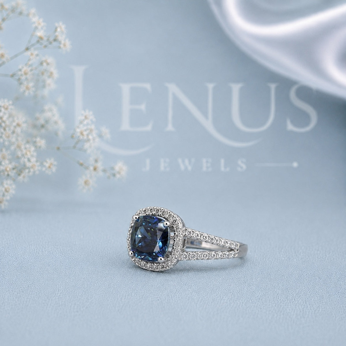 Blue Cushion-Cut Moissanite Engagement Ring – Halo Split-Shank Pavé Ring in 925 Sterling Silver