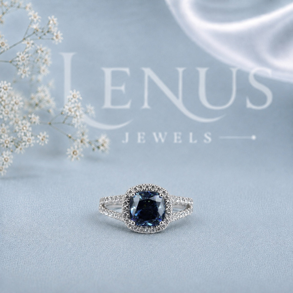 Blue Cushion-Cut Moissanite Engagement Ring – Halo Split-Shank Pavé Ring in 925 Sterling Silver