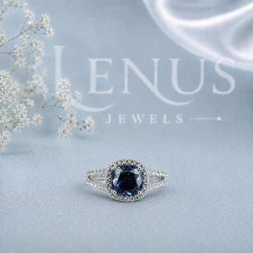 Blue Cushion-Cut Moissanite Engagement Ring – Halo Split-Shank Pavé Ring in 925 Sterling Silver