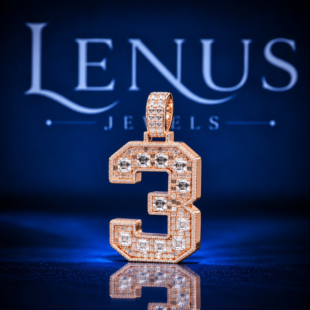 Iced Out Number 3 Moissanite Pendant – VVS 925 Sterling Silver Rose Gold Finish Baguette Hip Hop Number Pendant
