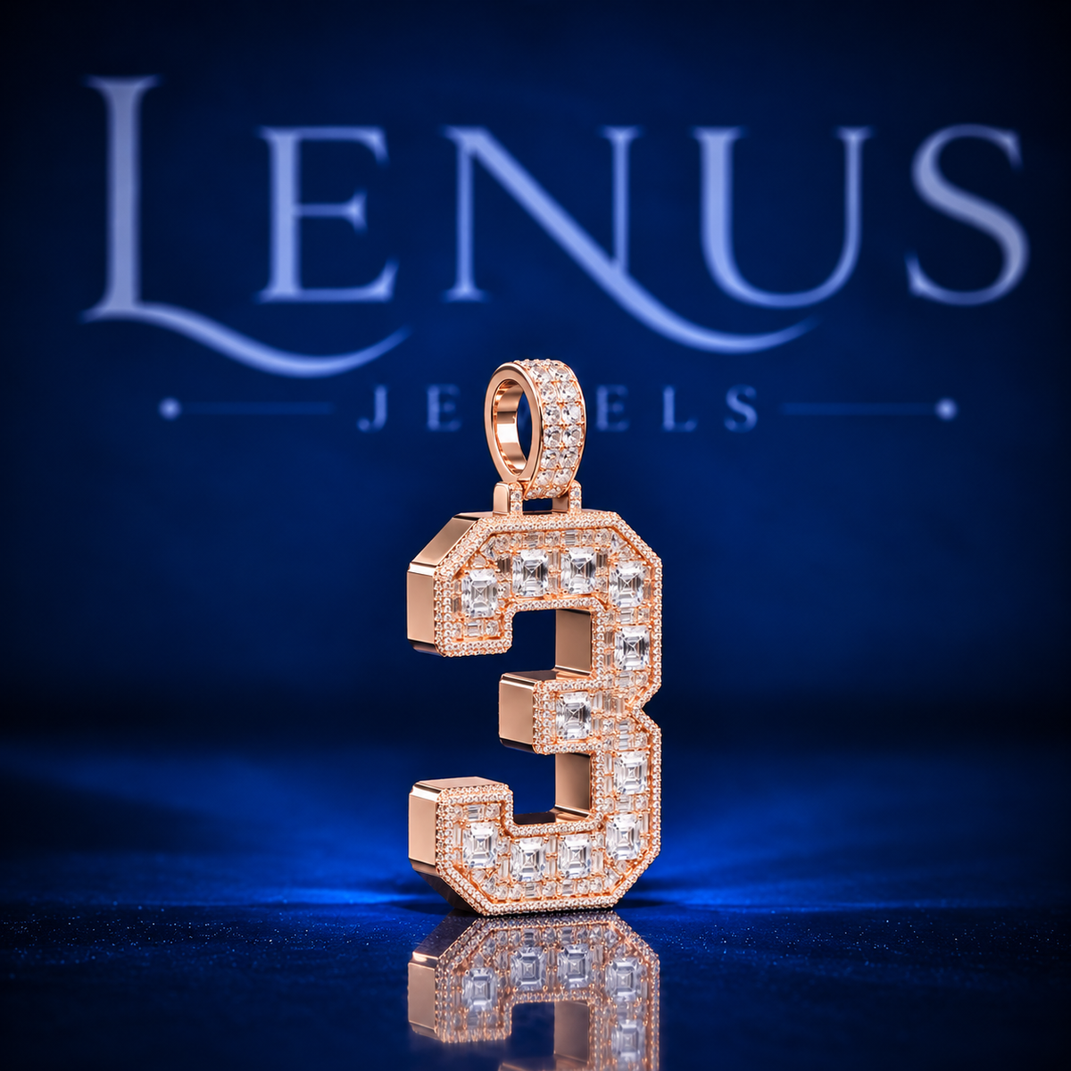 Iced Out Number 3 Moissanite Pendant – VVS 925 Sterling Silver Rose Gold Finish Baguette Hip Hop Number Pendant