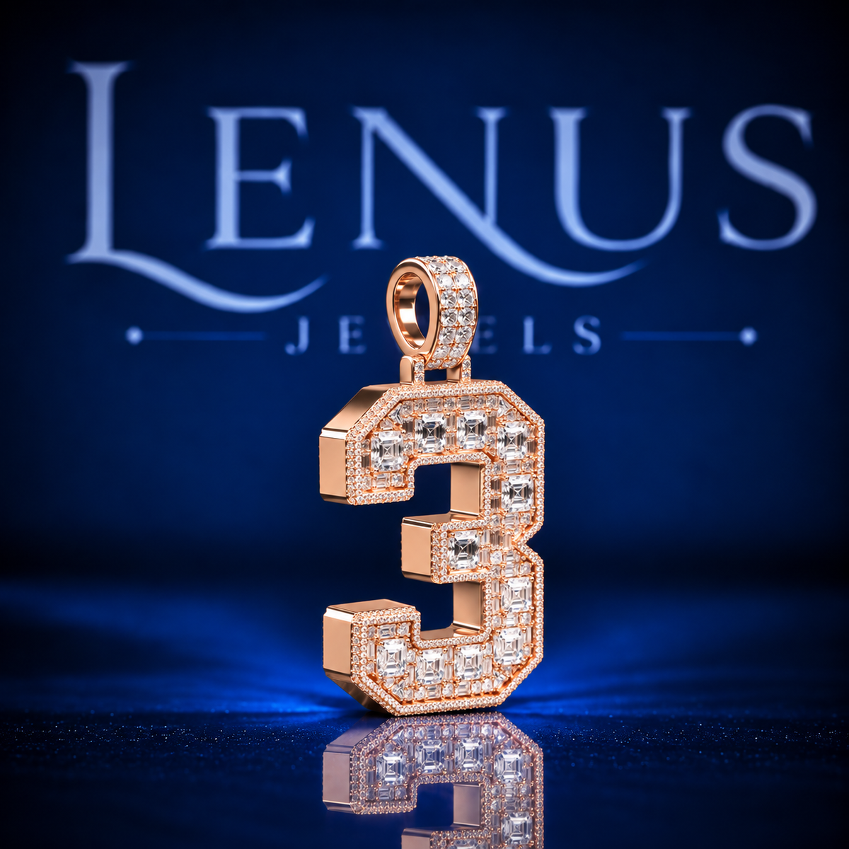 Iced Out Number 3 Moissanite Pendant – VVS 925 Sterling Silver Rose Gold Finish Baguette Hip Hop Number Pendant