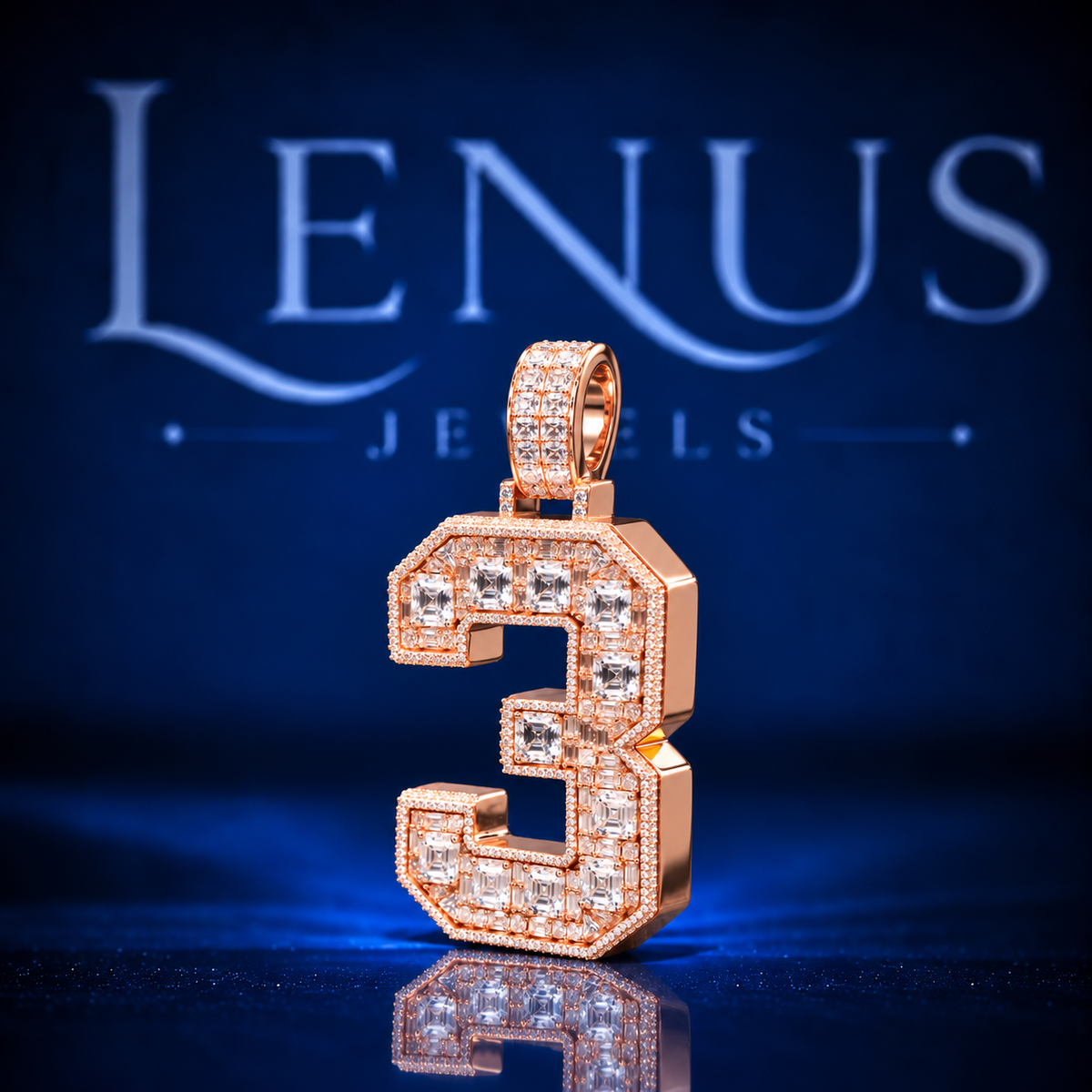 Iced Out Number 3 Moissanite Pendant – VVS 925 Sterling Silver Rose Gold Finish Baguette Hip Hop Number Pendant