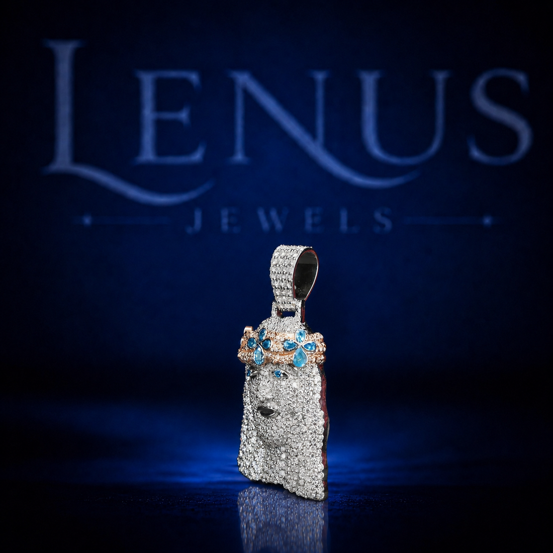 Iced Out Jesus Face VVS Moissanite Pendant with Blue Crown – 925 Sterling Silver 3D Religious Hip Hop Jewelry, Diamond Tester Pass