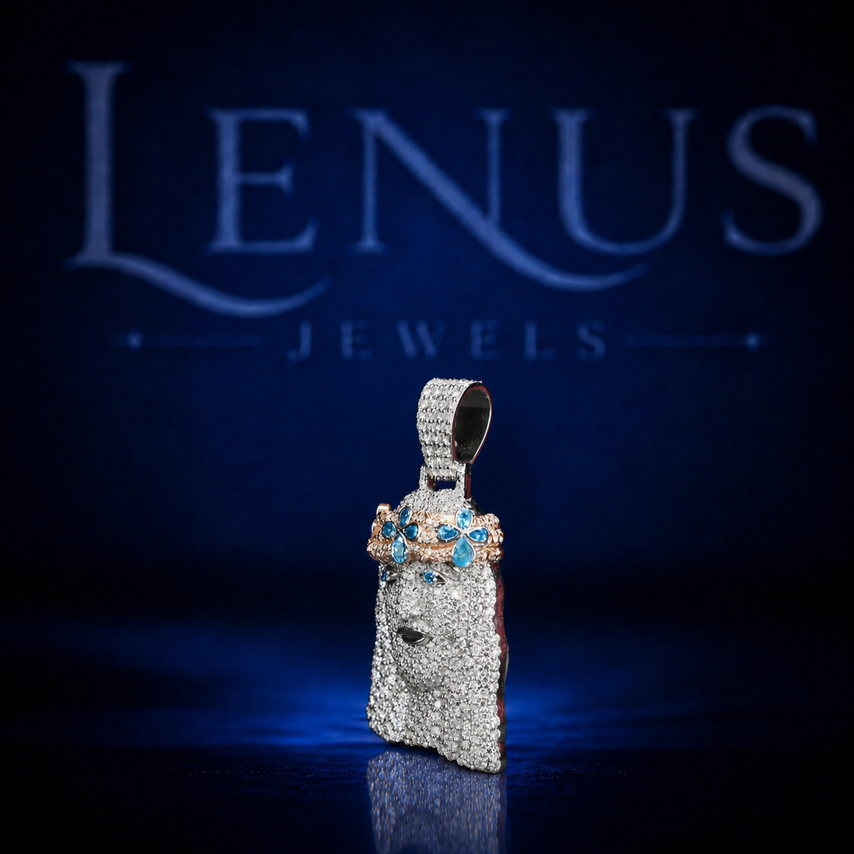 Iced Out Jesus Face VVS Moissanite Pendant with Blue Crown – 925 Sterling Silver 3D Religious Hip Hop Jewelry, Diamond Tester Pass