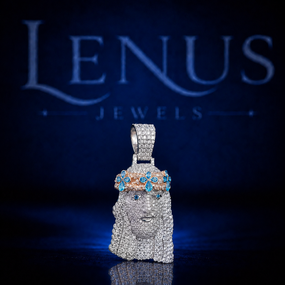 Iced Out Jesus Face VVS Moissanite Pendant with Blue Crown – 925 Sterling Silver 3D Religious Hip Hop Jewelry, Diamond Tester Pass