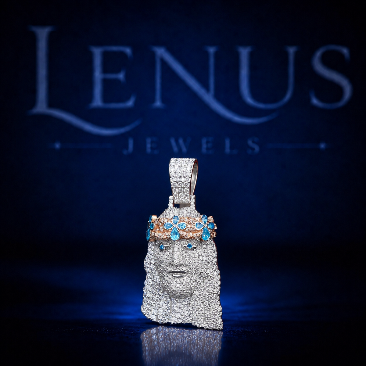 Iced Out Jesus Face VVS Moissanite Pendant with Blue Crown – 925 Sterling Silver 3D Religious Hip Hop Jewelry, Diamond Tester Pass