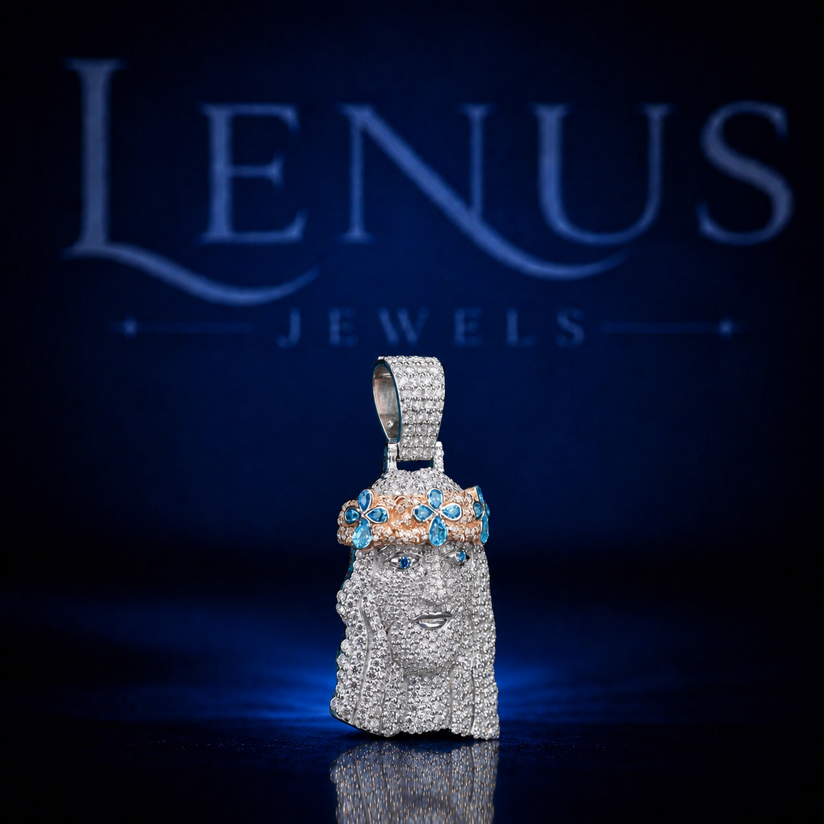 Iced Out Jesus Face VVS Moissanite Pendant with Blue Crown – 925 Sterling Silver 3D Religious Hip Hop Jewelry, Diamond Tester Pass