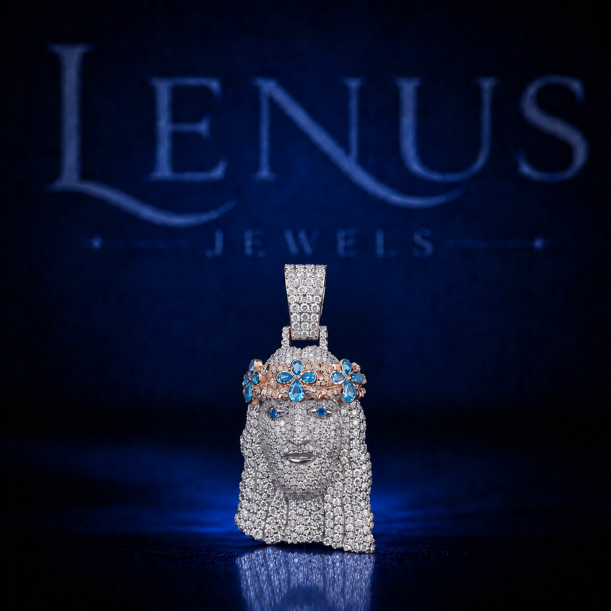 Iced Out Jesus Face VVS Moissanite Pendant with Blue Crown – 925 Sterling Silver 3D Religious Hip Hop Jewelry, Diamond Tester Pass