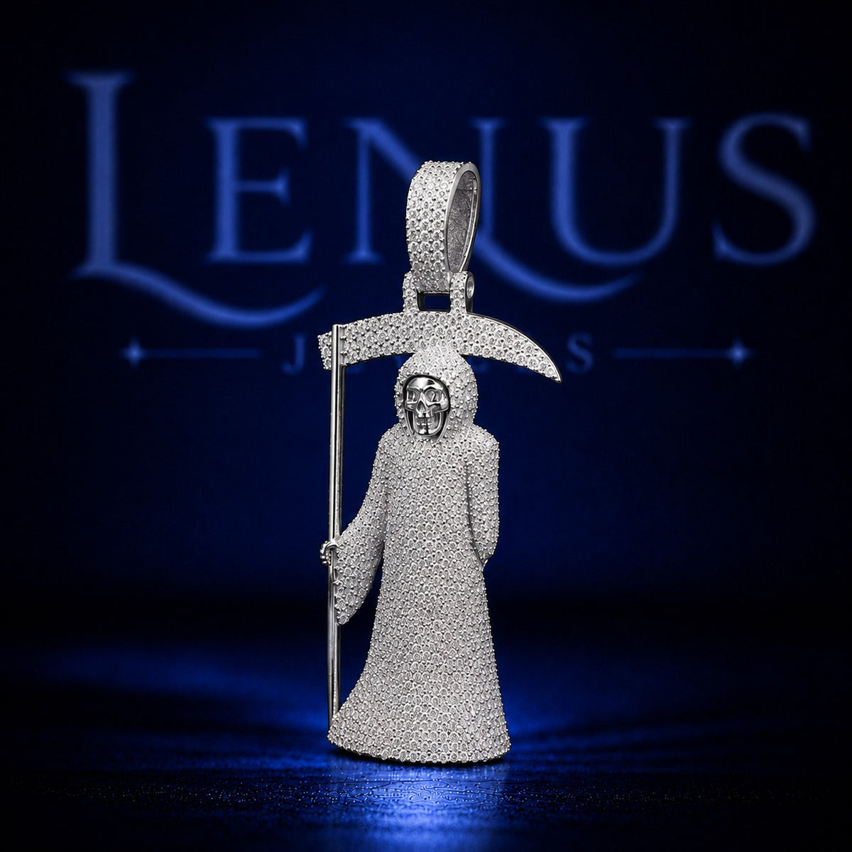 Iced Out Grim Reaper VVS Moissanite Pendant in 925 Sterling Silver – 3D Skull Scythe Gothic Hip Hop Necklace Charm, Luxury Jewelry for Men
