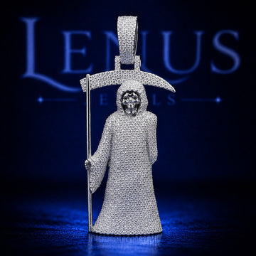 Iced Out Grim Reaper VVS Moissanite Pendant in 925 Sterling Silver – 3D Skull Scythe Gothic Hip Hop Necklace Charm, Luxury Jewelry for Men