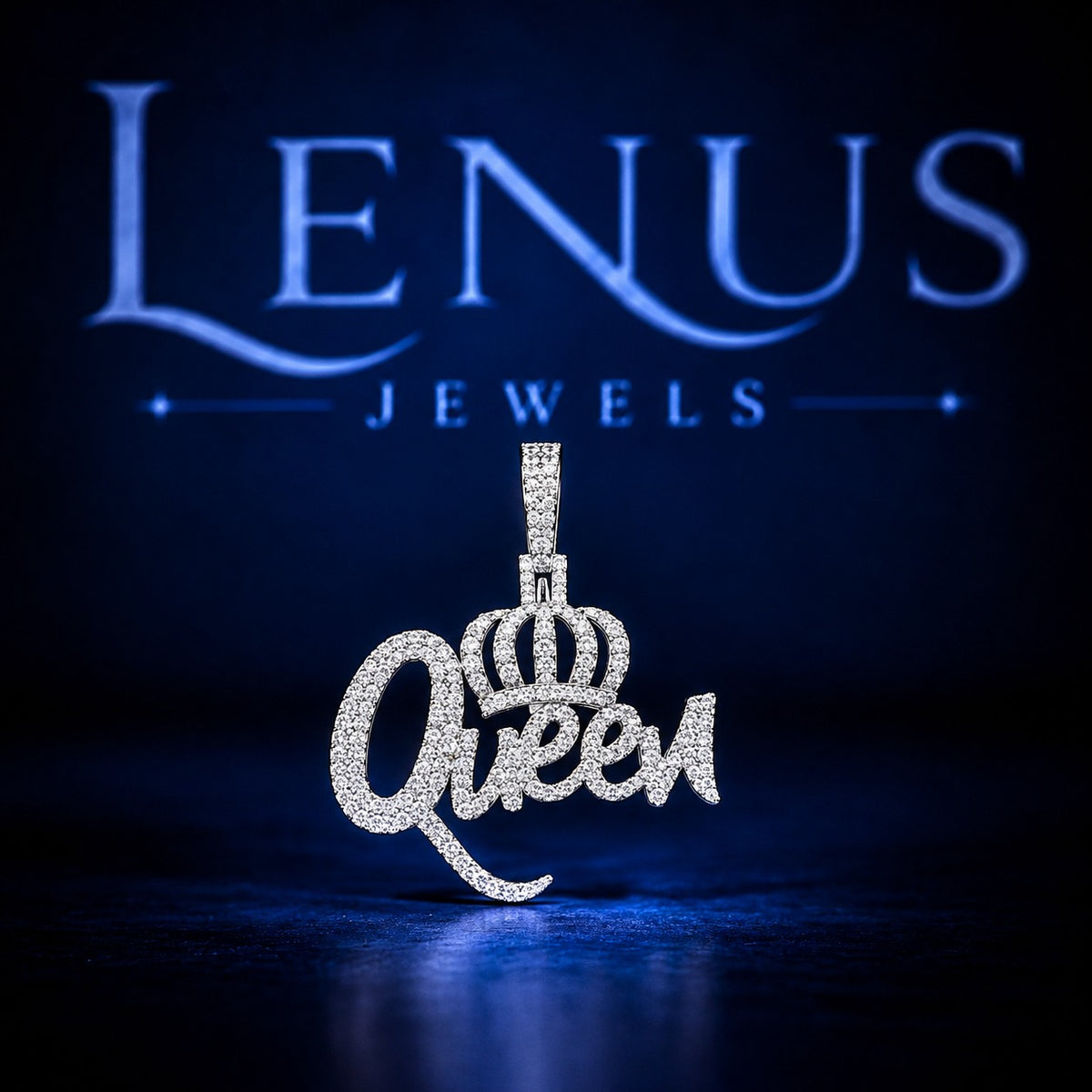 Iced Out Queen Crown VVS Moissanite Name Pendant in 925 Sterling Silver – Royal Script Letter Necklace Charm, Hip Hop Jewelry Gift for Women