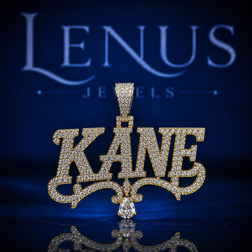 Iced Out KANE Name VVS Moissanite Pendant – 925 Sterling Silver Gold Finish Custom 3D Hip Hop Jewelry with Ornamental Scrollwork & Pear Drop
