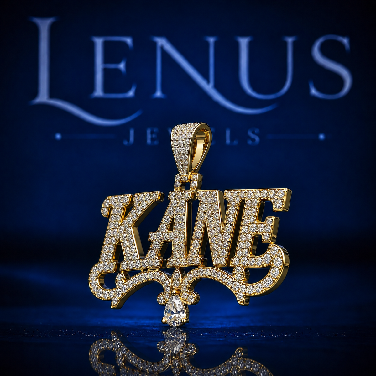 Iced Out KANE Name VVS Moissanite Pendant – 925 Sterling Silver Gold Finish Custom 3D Hip Hop Jewelry with Ornamental Scrollwork & Pear Drop