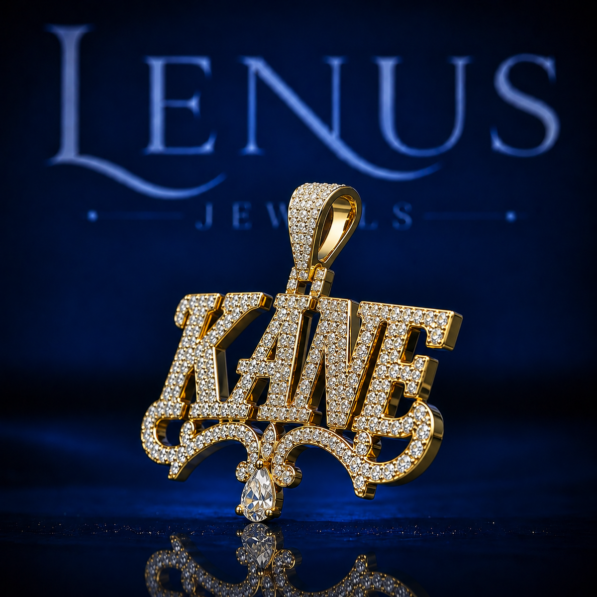 Iced Out KANE Name VVS Moissanite Pendant – 925 Sterling Silver Gold Finish Custom 3D Hip Hop Jewelry with Ornamental Scrollwork & Pear Drop